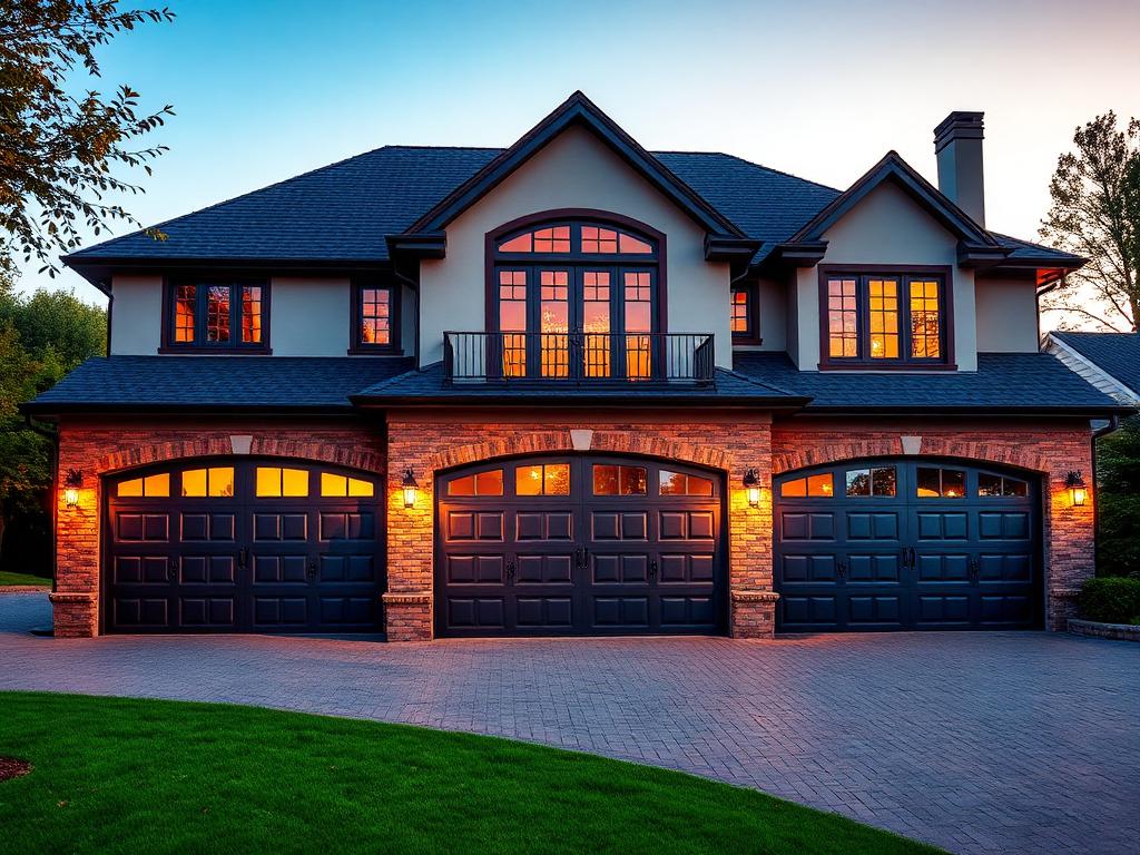 Luxury home with triple car garage featuring premium steel garage doors at golden hour